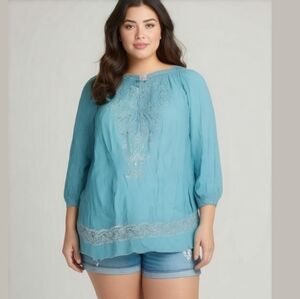 Krista Lee Teal Embroidered Peasant Blouse